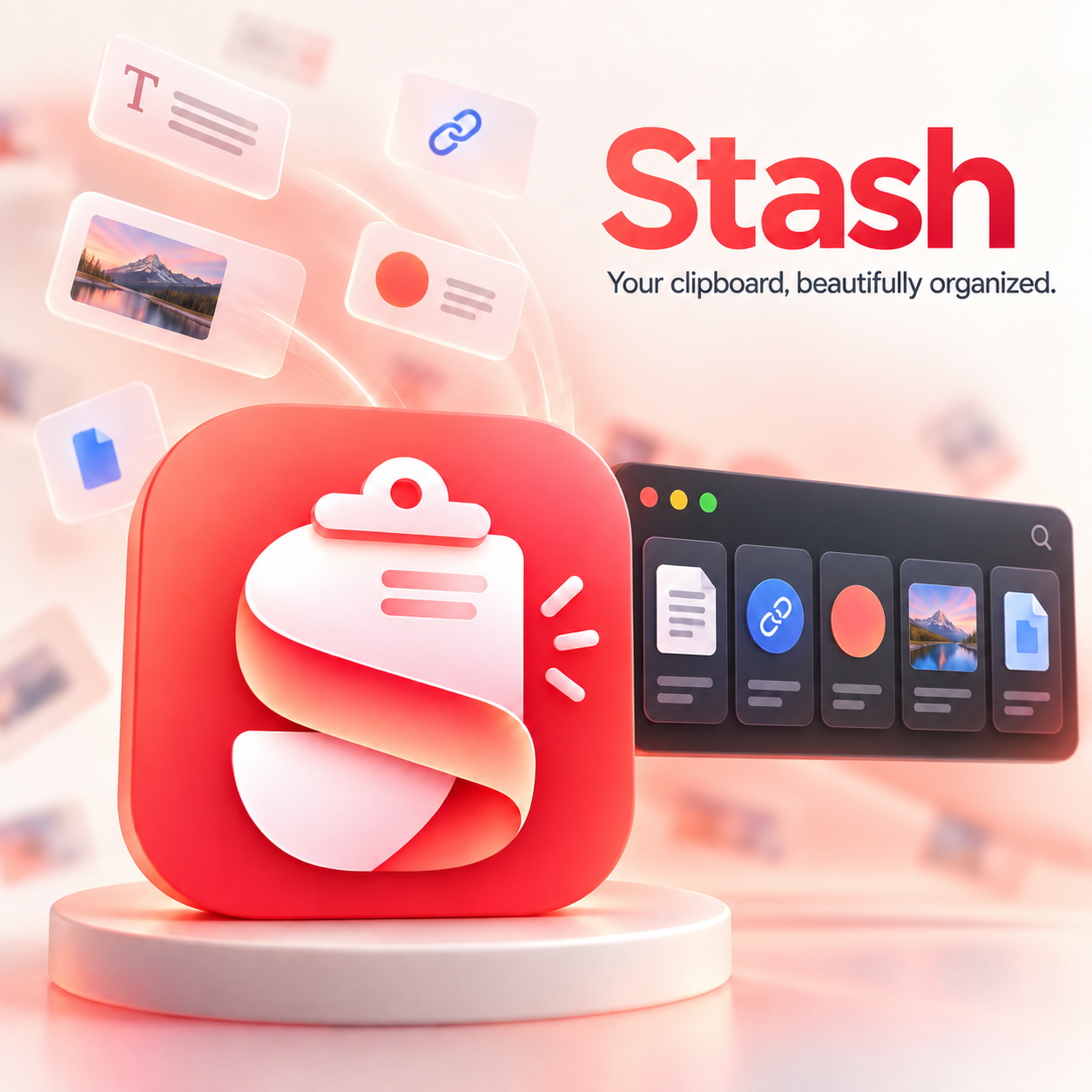 Stash app icon beside its horizontal clipboard panel